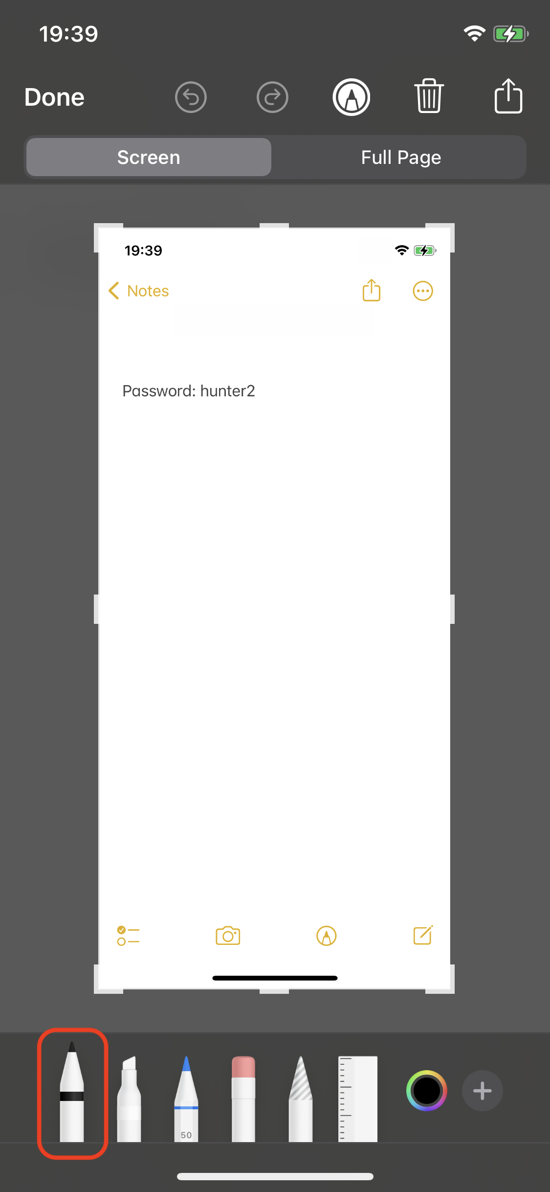 A screenshot of the markup tool with the pen tool selected and highlighted